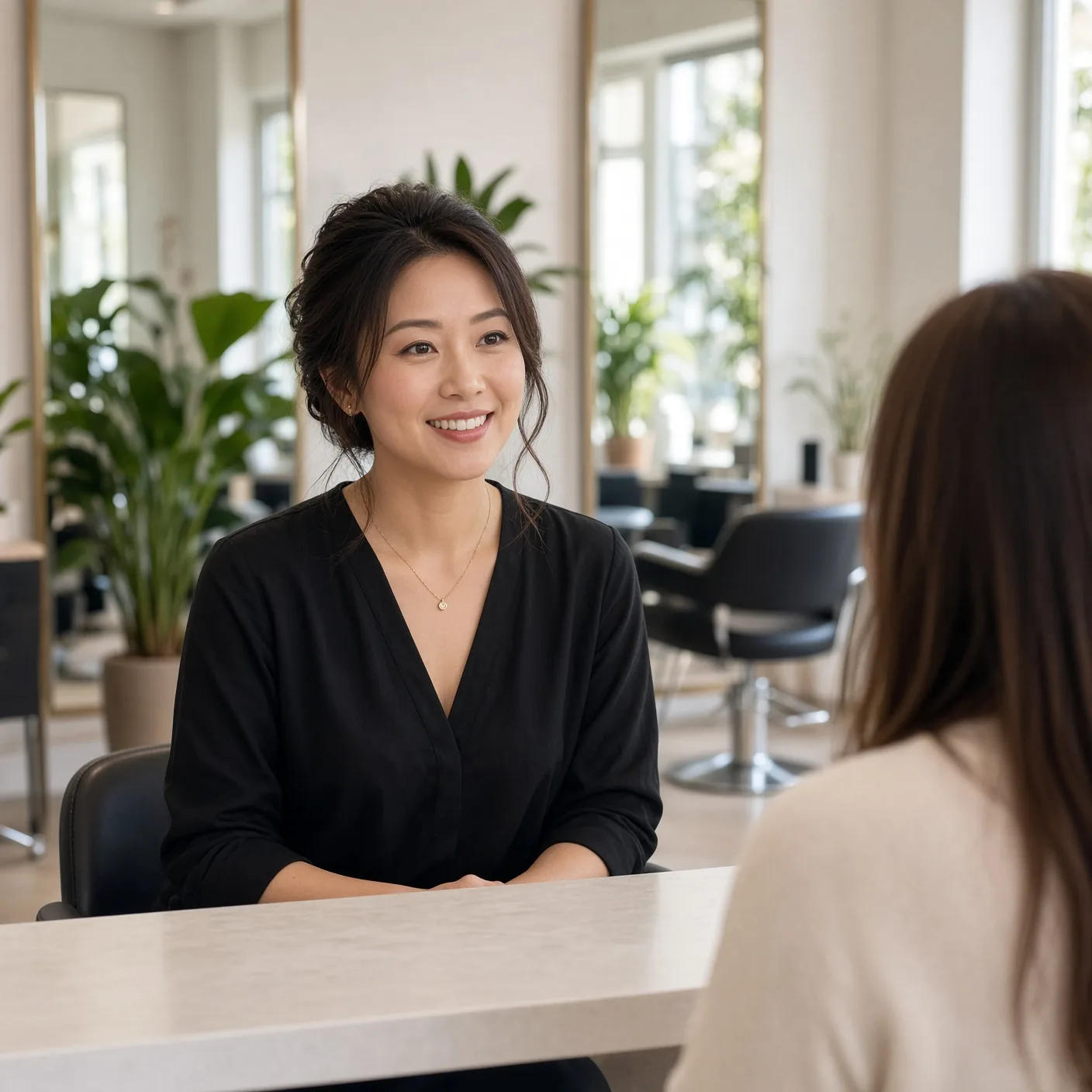 Salon owner consulting with a customer